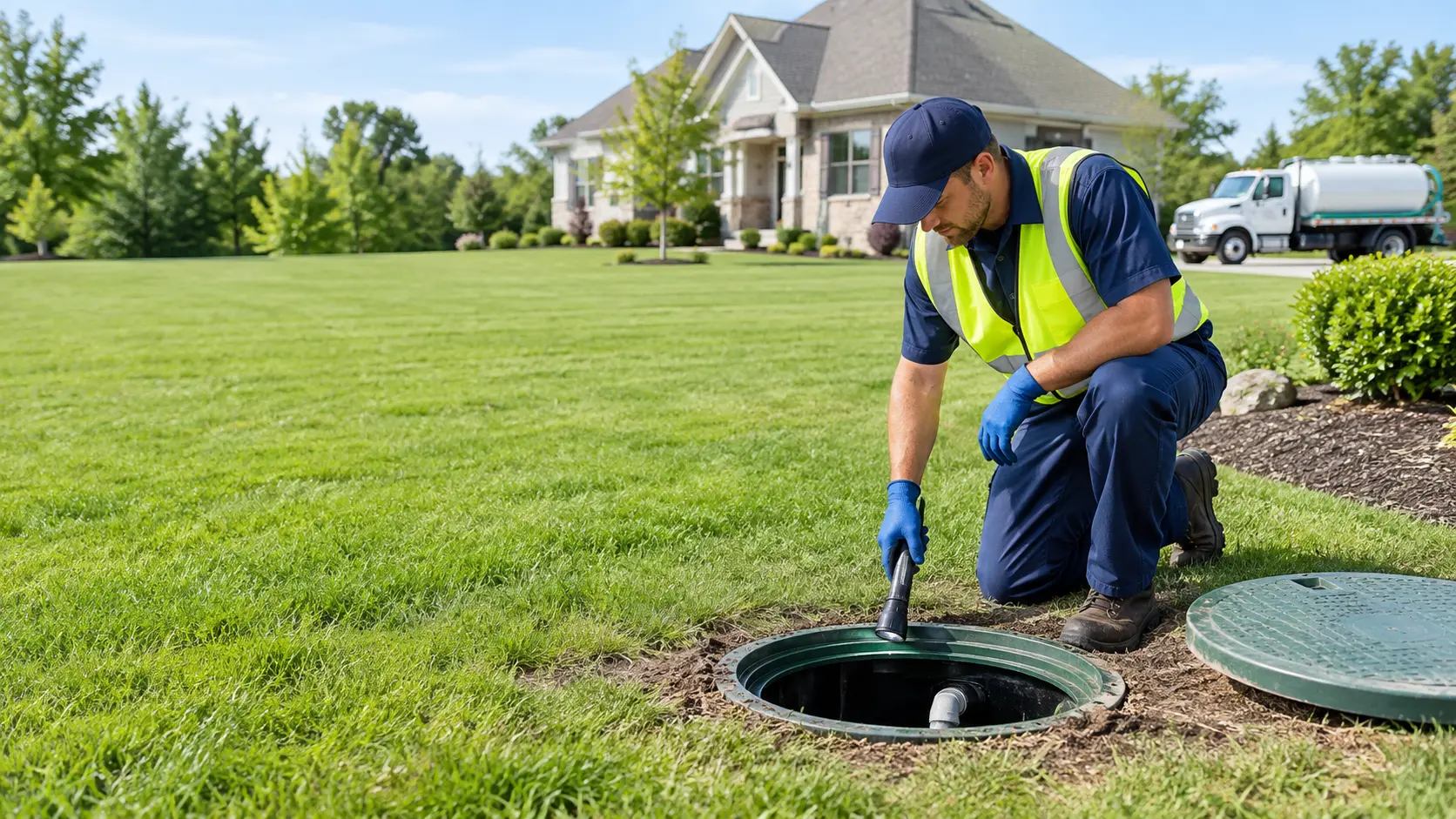 Technician in a safety vest opening a septic tank access lid in a residential front lawn.